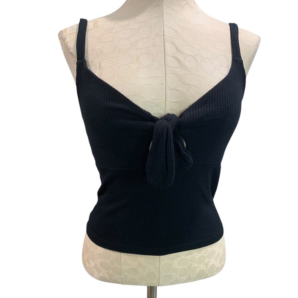 Large Forever 21 Crop Tank Top Shirt Womens Black Ribbed Tie Front - Picture 2 of 8
